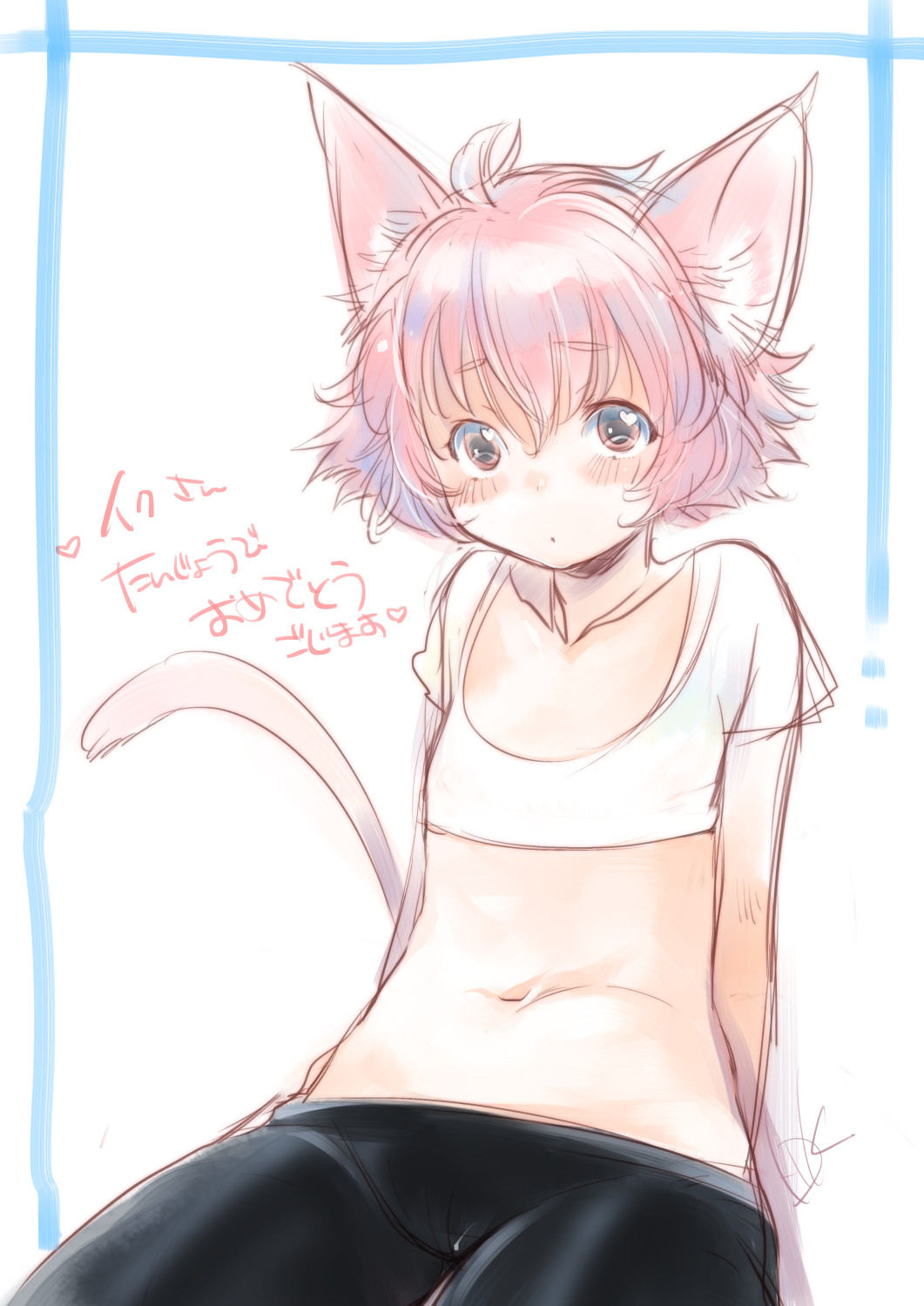 1girl, :o, animal_ears, bike_shorts, blush, borrowed_character, cat_ears, cat_tail