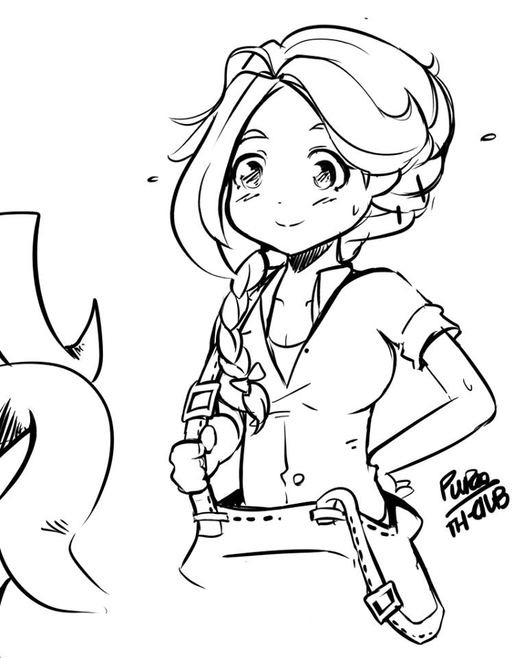 1girl, braid, hand_on_hip, leah_(stardew_valley), monochrome, pupoo_(artist), short_sleeves, signature