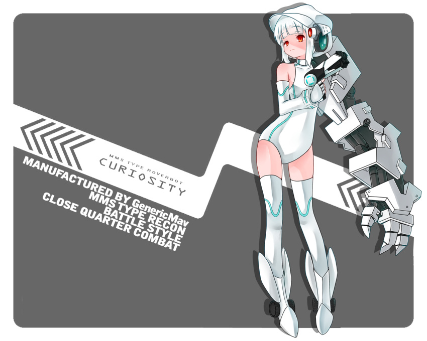 1girl, albino, blush, border, contrapposto, curiosity_(mars_rover), full_body, genericmav, gun, hat, leotard, machinery, mecha_musume, mechanical_arm, original, personification, red_eyes, short_hair, solo, standing, thigh-highs, thighs, weapon, white_hair, white_legwear