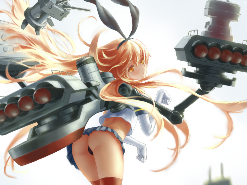 1girl, ass, black_panties, blonde_hair, blue_skirt, elbow_gloves, gloves, hairband