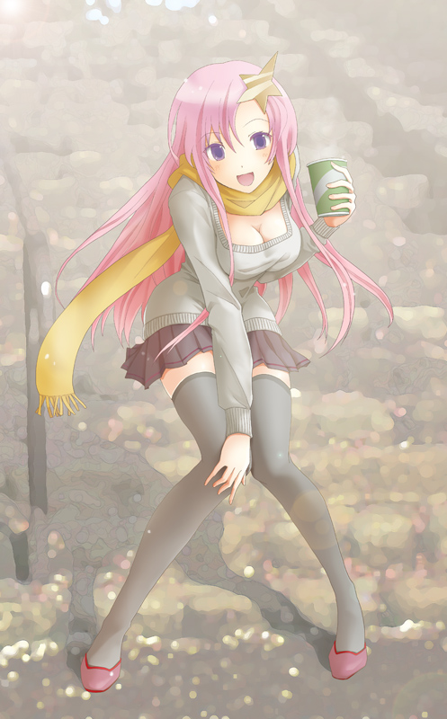 1girl, blue_eyes, blush, breasts, cleavage, commentary_request, gundam, gundam_seed, gundam_seed_destiny, hair_ornament, kera_(yukekin), large_breasts, long_hair, meer_campbell, pink_hair, scarf, solo, star, star_hair_ornament, thigh-highs