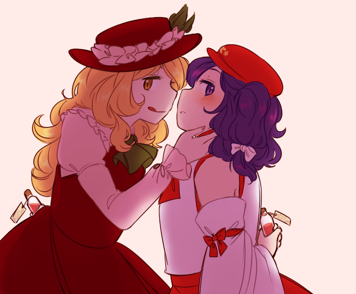 2girls, arms_behind_back, blonde_hair, blush, bottle, commentary, detached_sleeves, dolls_in_pseudo_paradise, english, extra, frills, hat, love_potion, multiple_girls, nekolina, open_mouth, purple_hair, tongue, tongue_out, touhou, violet_eyes, yellow_eyes, yuri