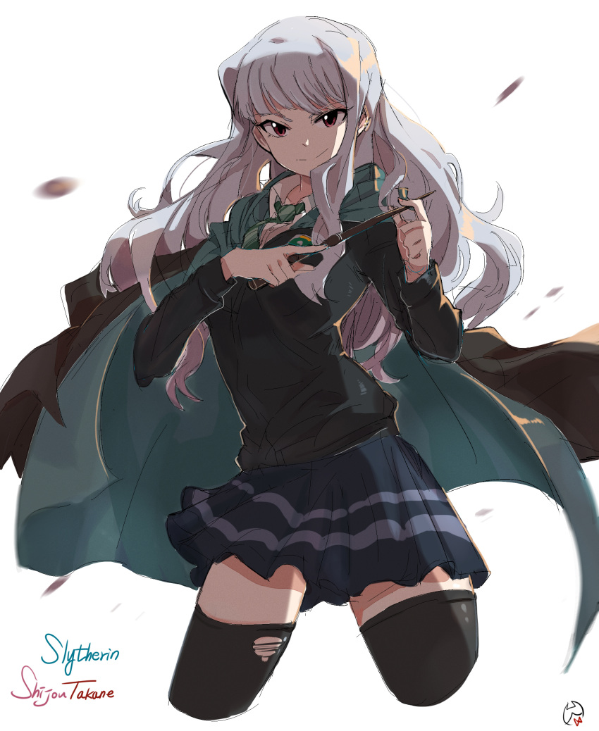 1girl, breasts, cape, harry_potter, highres, hogwarts_uniform, idolmaster, long_hair, school_uniform, shijou_takane, silver_hair, smile, solo, thigh-highs, tuxedo_de_cat, violet_eyes, wand