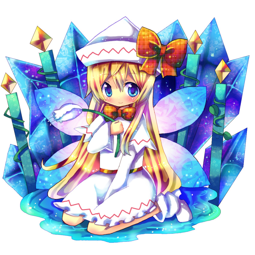 bad_id, blonde_hair, blue_eyes, bow, flower, hat, hina_hina, lily_white