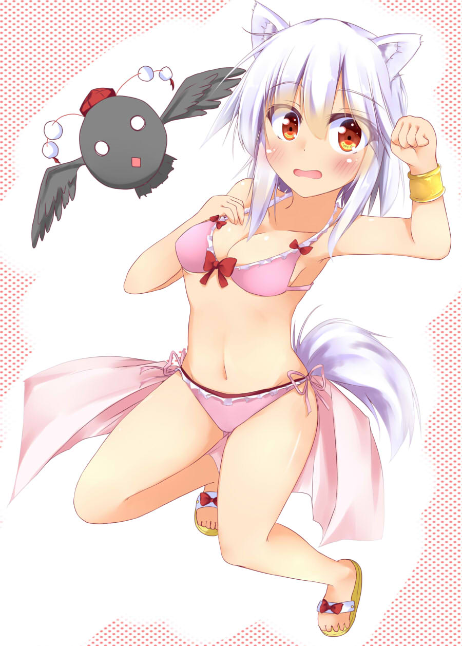 1girl, animal_ears, animalization, bare_shoulders, bird, blush, breasts, cleavage, crow, hanami_yuzuka_(cosplay), hat, highres, inubashiri_momiji, kuzumomo, looking_at_viewer, mahou_shoujo_nante_mou_ii_desukara., miton, navel, no_humans, open_mouth, red_eyes, shameimaru_aya_(crow), short_hair, silver_hair, solo, tail, tokin_hat, touhou, wolf_ears, wolf_tail