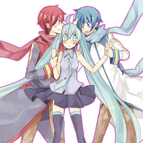 1girl, 2boys, akaito, angry, aqua_eyes, aqua_hair, blue_eyes, blue_hair