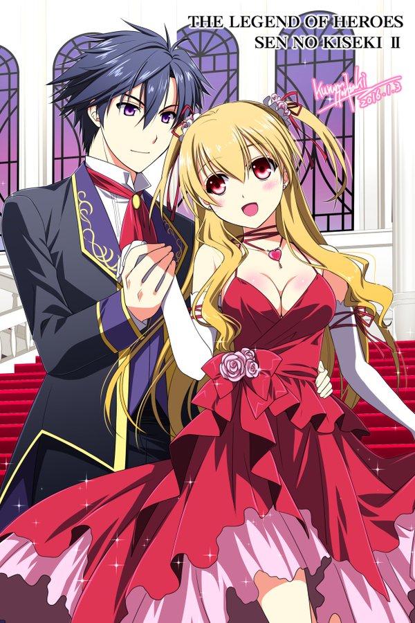 1boy, 1girl, :d, alisa_reinford, alternate_costume, artist_name, bare_shoulders, black_hair
