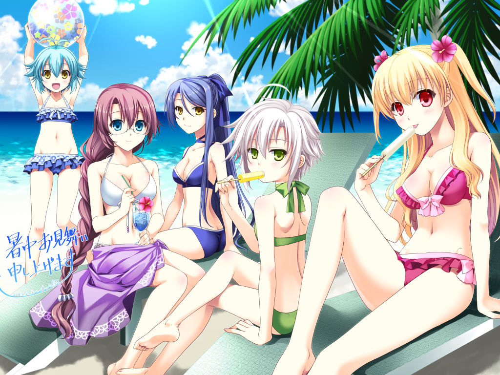 5girls, :d, ahoge, alisa_reinford, alternate_costume, beach, beach_chair, bikini
