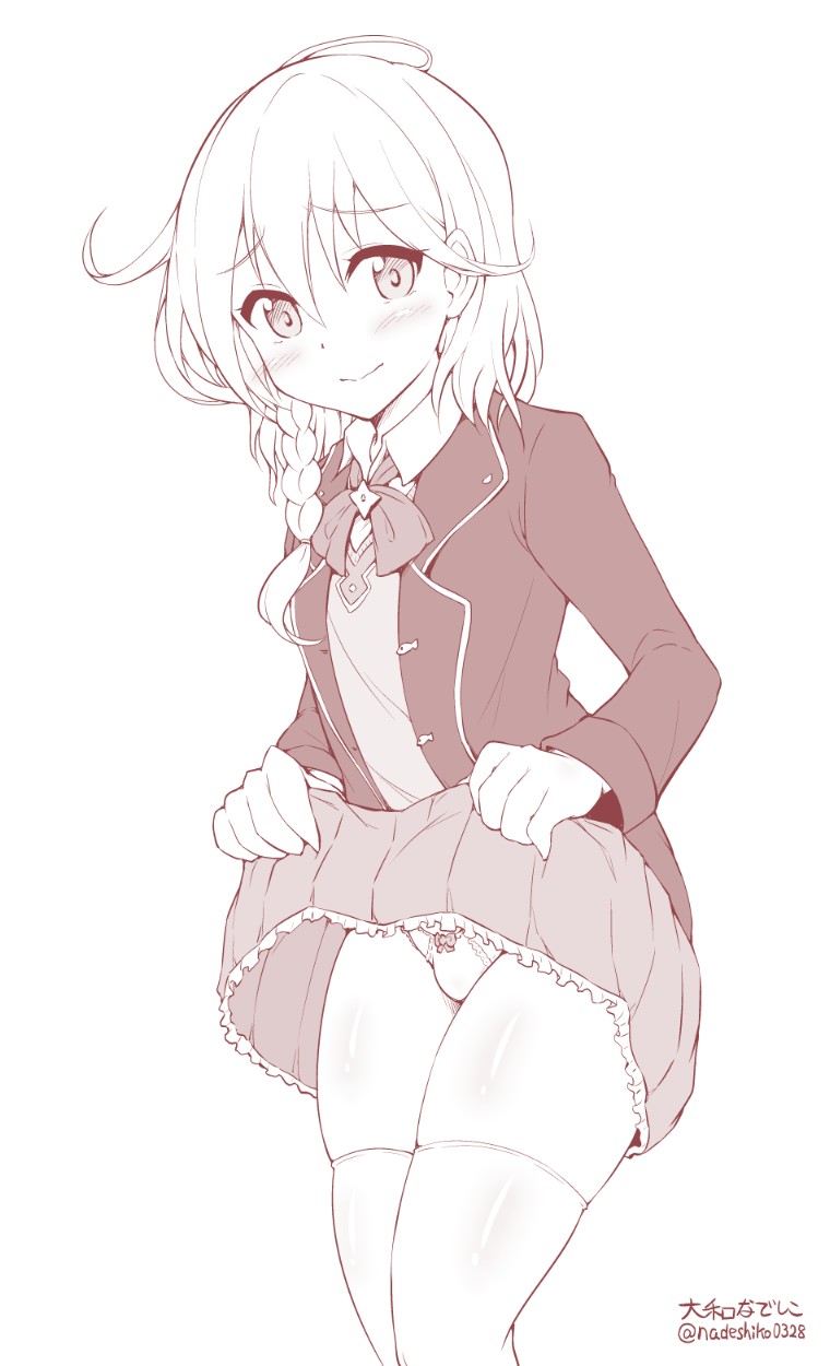 ascot, bangs, beyal, blazer, blush, bow, bow_panties, braid