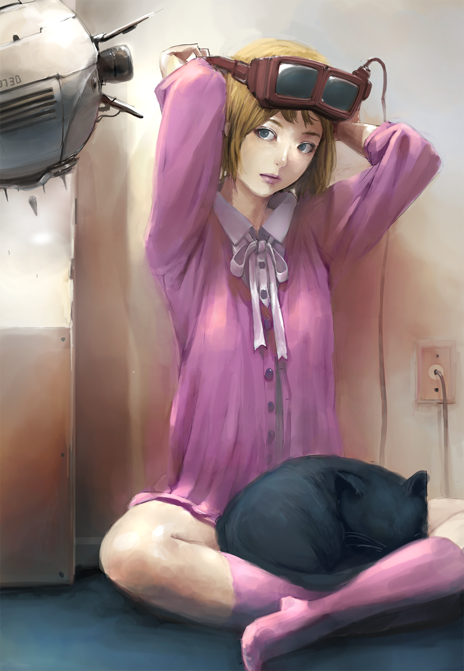 1girl, adjusting_goggles, animal, arms_up, bangs, between_legs, black_cat, brown_hair
