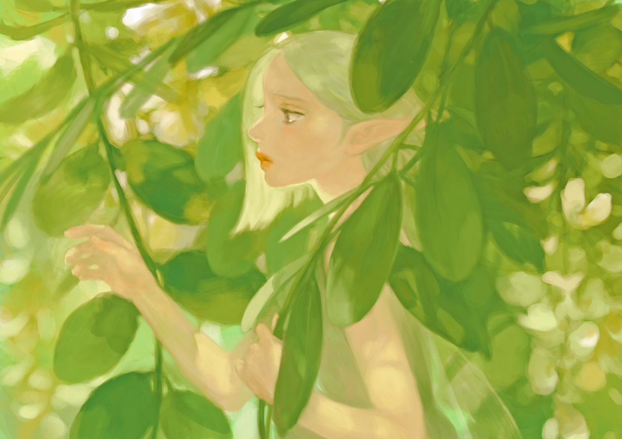 1girl, bangs, bare_shoulders, closed_mouth, elf, expressionless, from_side, green