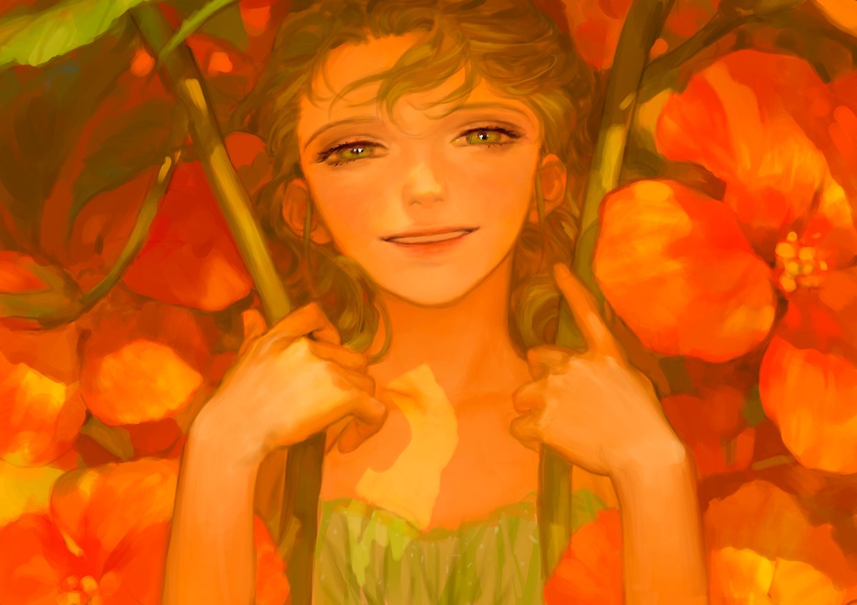 1girl, asymmetrical_bangs, bangs, blonde_hair, camisole, collarbone, flower, food