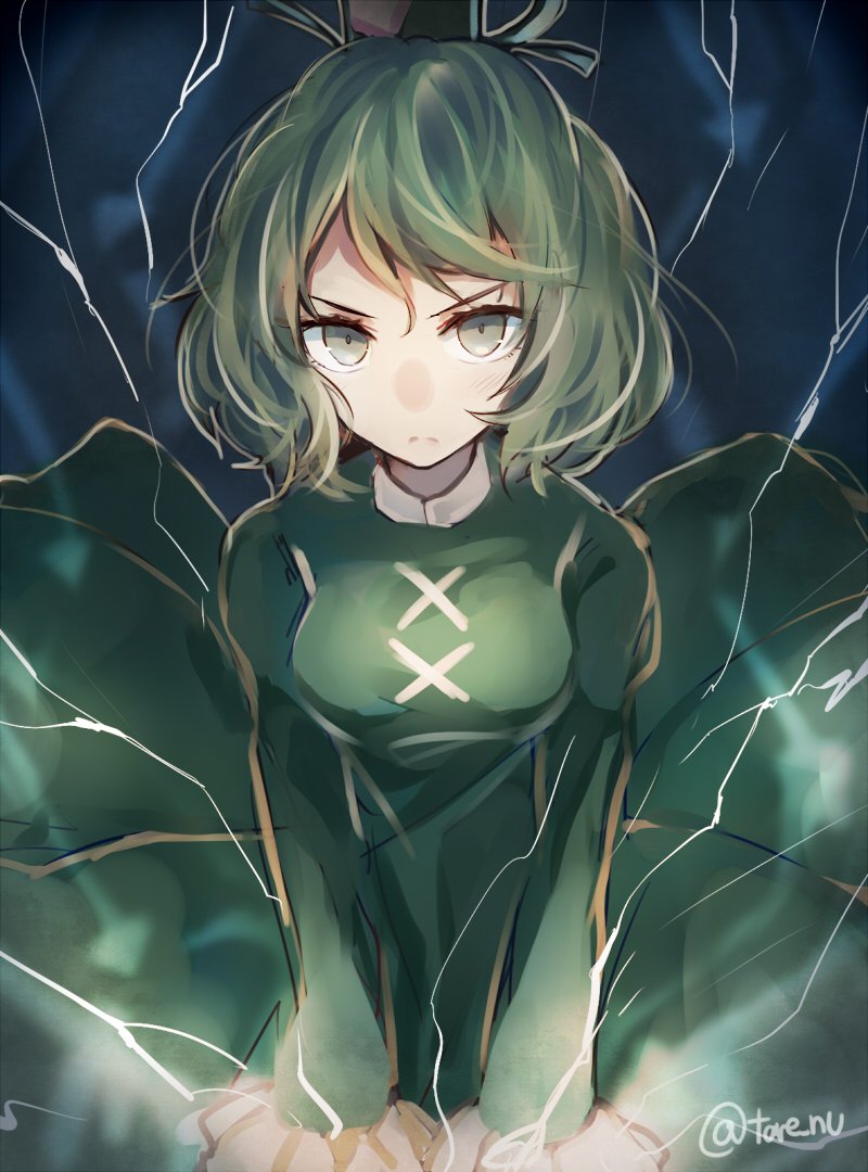 1girl, artist_name, dress, electricity, frills, frown, glowing, green_dress
