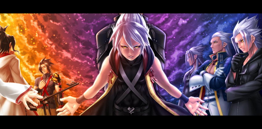 6+boys, ansem_seeker_of_darkness, back-to-back, banana_gyuunyuu, black_coat, black_hair, closed_eyes, commentary_request