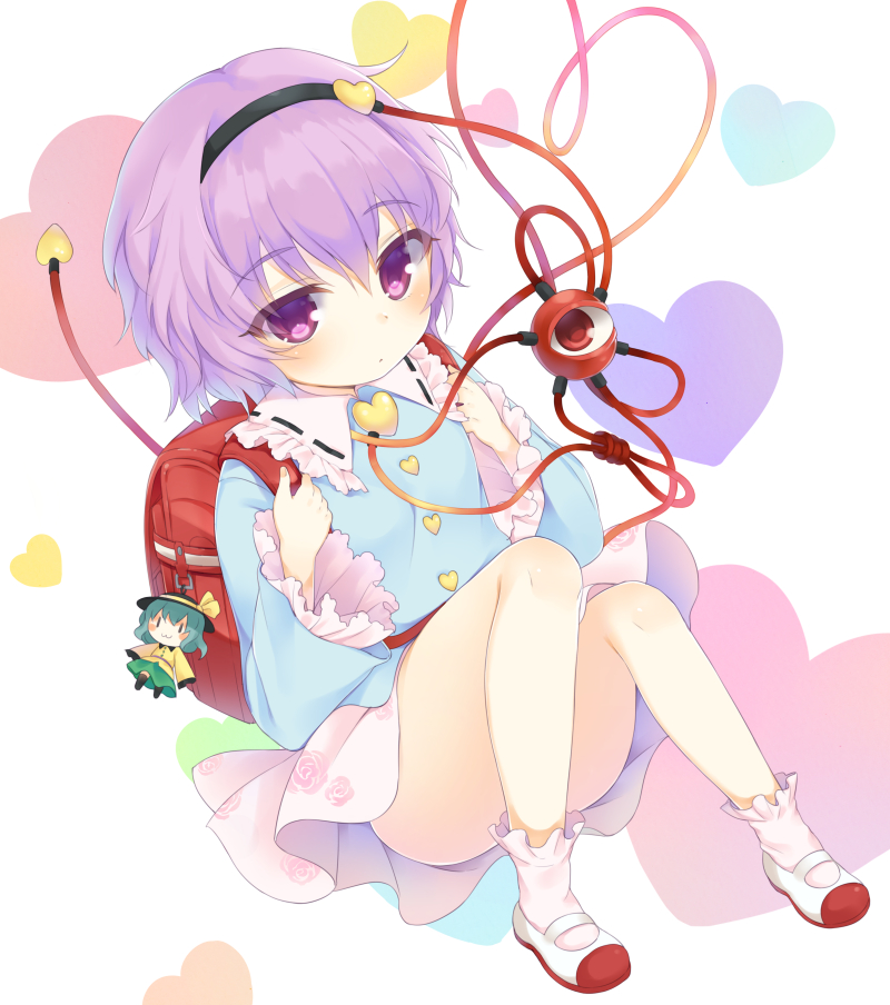 5th_grade_loli, backpack, bag, blush, bow, character_doll, eyeball, hair_bow, hairband, hat, heart, heart_of_string, hym9594, komeiji_koishi, komeiji_satori, purple_hair, randoseru, short_hair, skirt, third_eye, touhou, violet_eyes