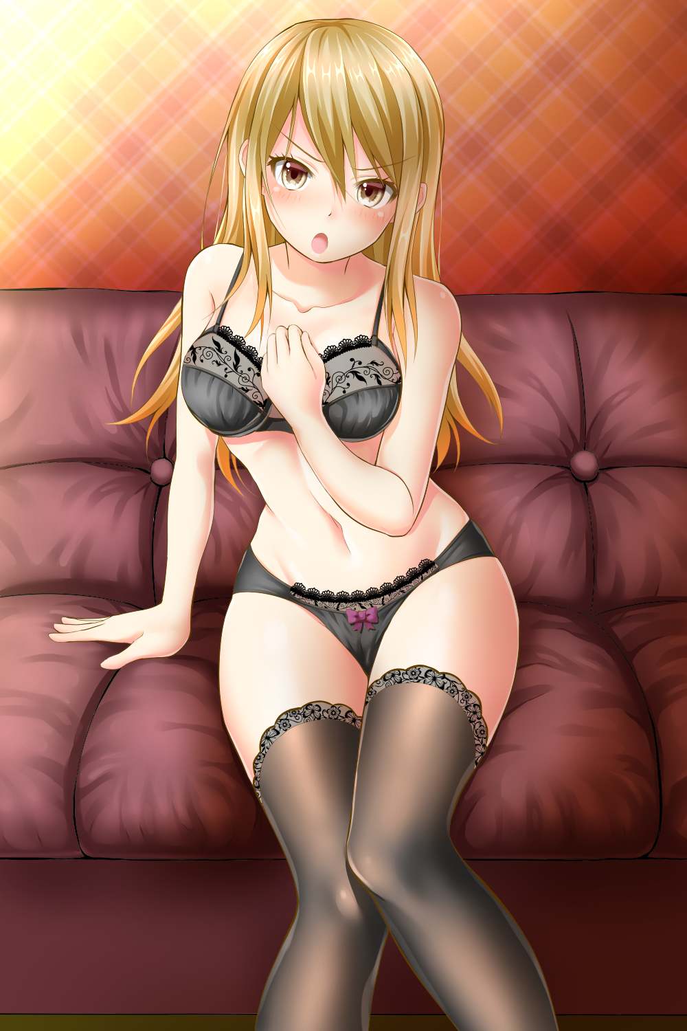 1girl, :o, arm_support, black_bra, black_legwear, black_panties, blonde_hair, blush