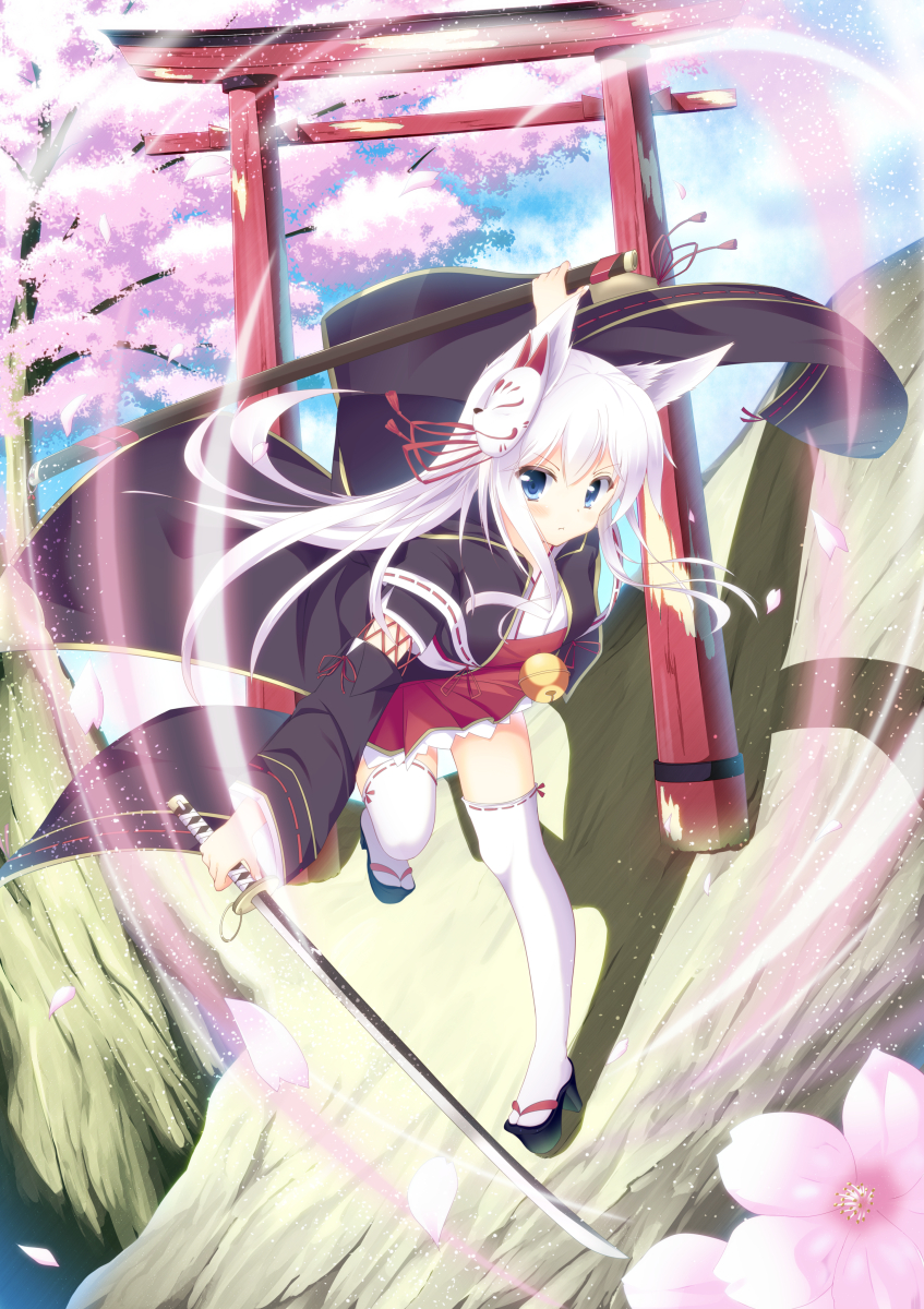 1girl, animal_ears, blue_eyes, blush, cherry_blossoms, clouds, cloudy_sky, detached_sleeves
