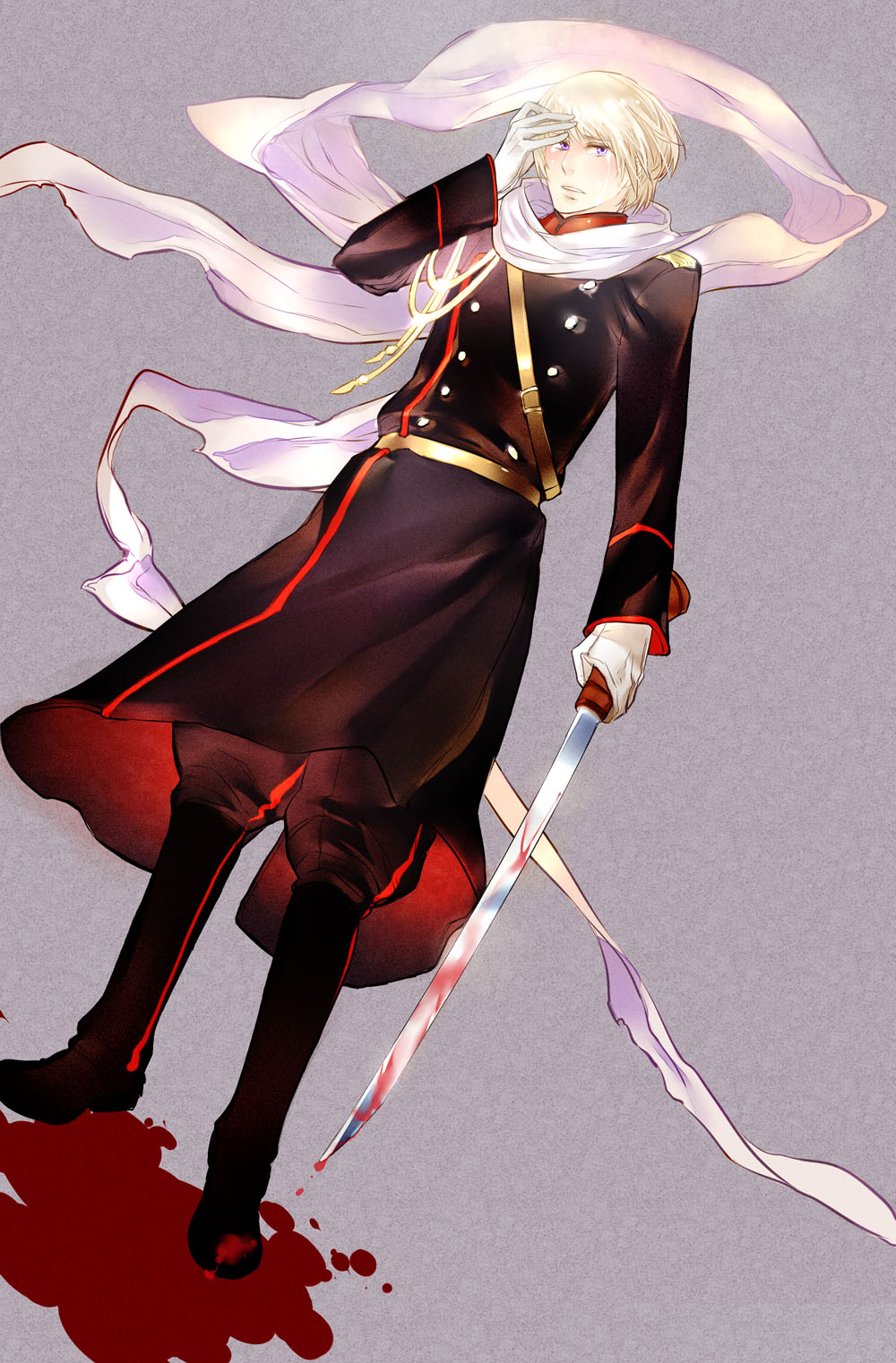aiguillette, axis_powers_hetalia, bee*, beepaint, blood, boots, gloves, highres, male, military, military_uniform, purple_eyes, russia_(hetalia), scarf, short_hair, solo, sword, tears, uniform, violet_eyes, weapon, white_gloves