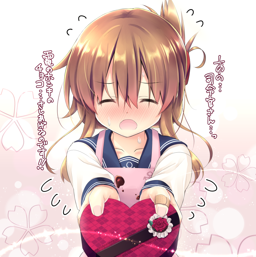 1girl, :o, akitsuki_tsukasa, apron, bandaid, bandaid_on_finger, blush, brown_hair