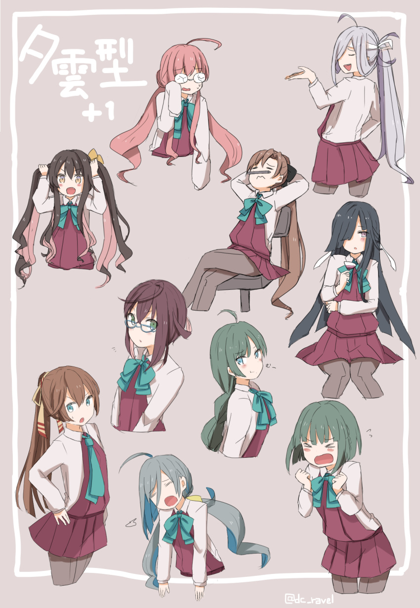 >_<, 6+girls, :t, =_=, ahoge, akigumo_(kantai_collection), arms_behind_head, asashimo_(kantai_collection)