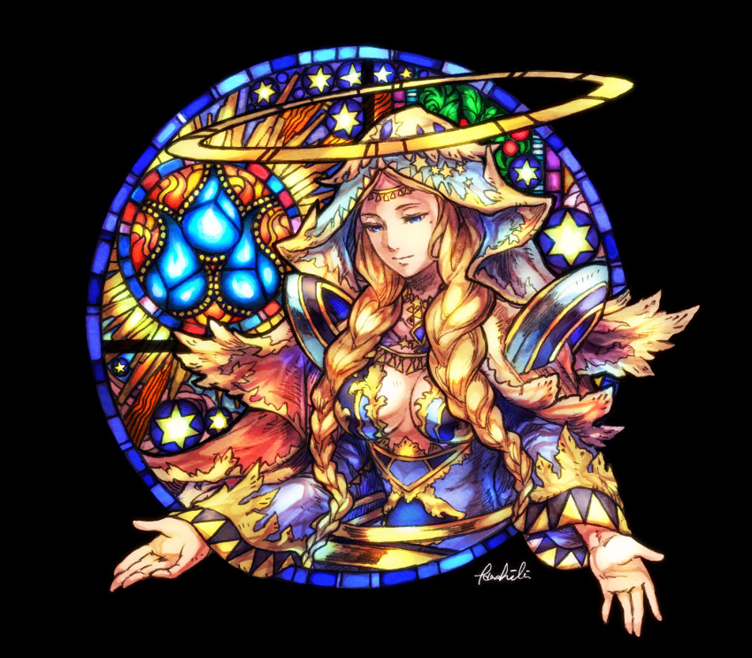 1girl, blonde_hair, blue_eyes, braid, breasts, center_opening, charite_machina_(p&amp;d), faux_traditional_media, halo, hashibirokou, highres, hood, mole, mole_under_eye, puzzle_&amp;_dragons, solo, stained_glass, twin_braids