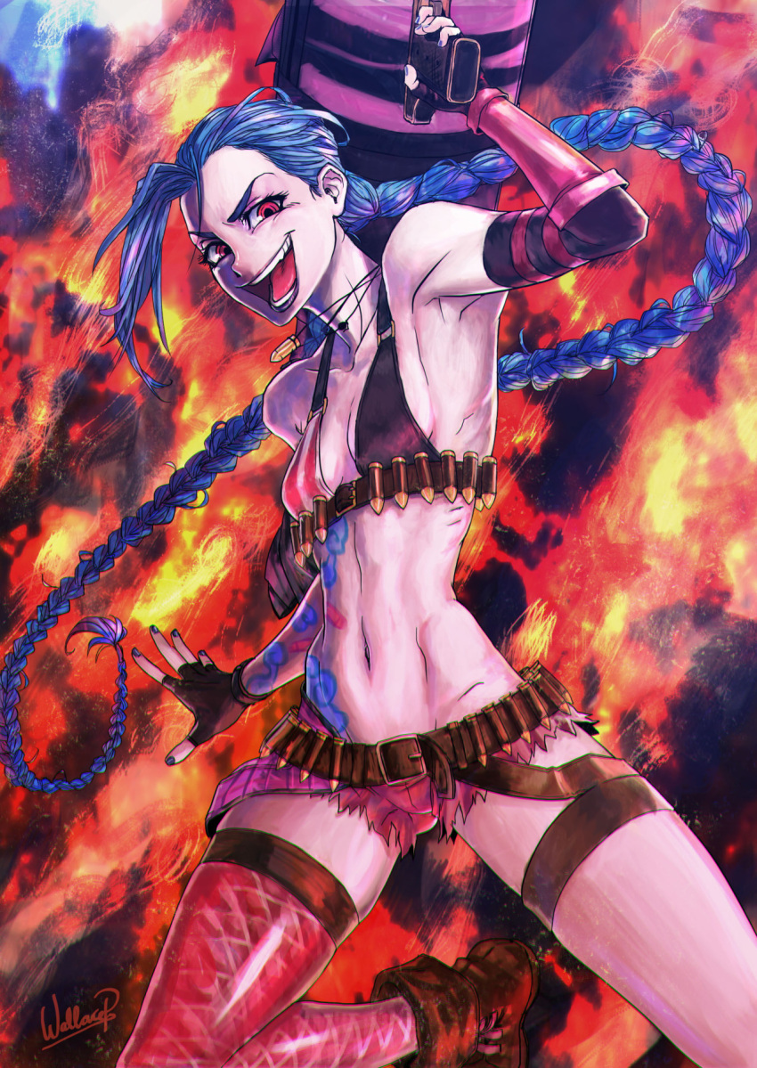 1girl, bikini_top, blue_hair, braid, bullet, cutoffs, explosion, eyebrows