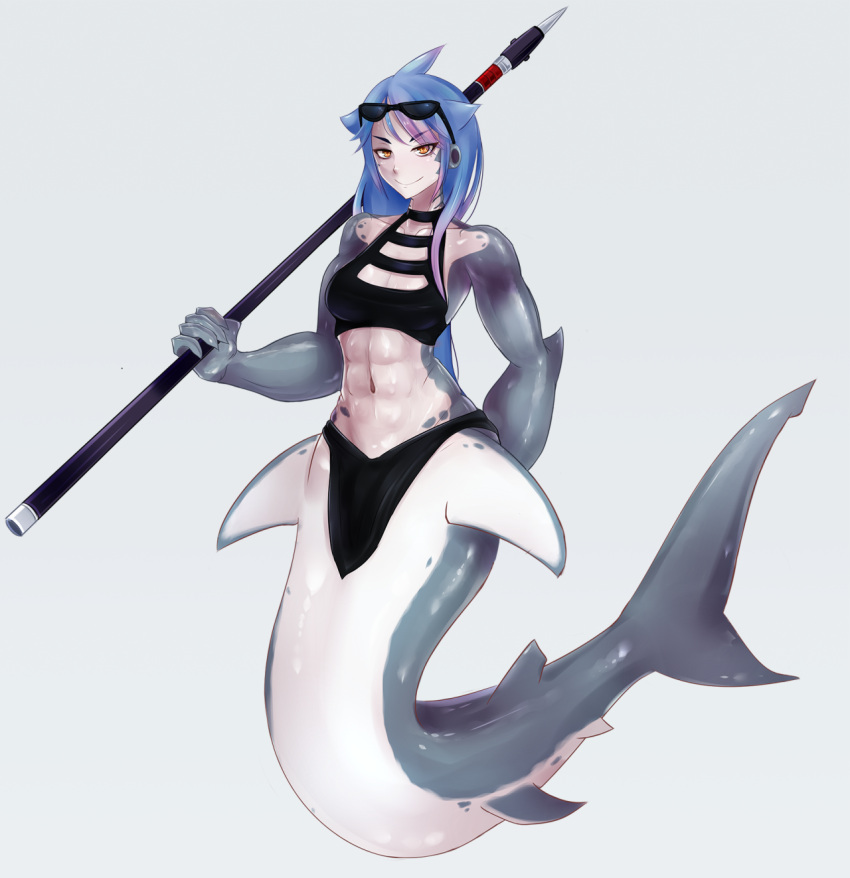 1girl, abs, blue_hair, blush, eyebrows, grey_skin, halter_top, halterneck