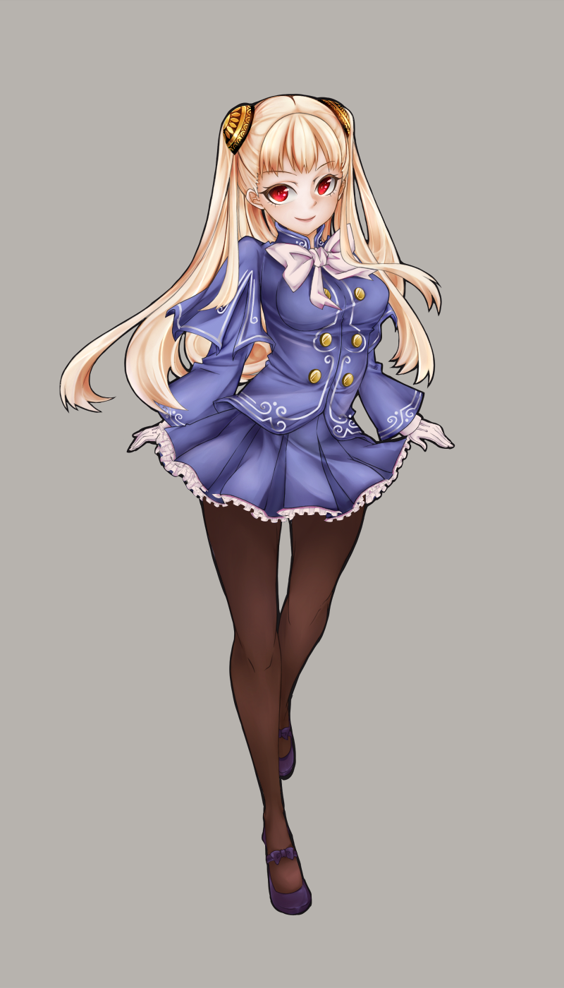 1girl, arms_at_sides, bangs, black_shoes, blonde_hair, blue_jacket, blue_skirt, blush, bow, bowtie, breasts, brown_legwear, buttons, capcom_fighting_jam, closed_mouth, flats, full_body, gloves, grey_background, hairpod, highres, ingrid, jacket, lips, long_hair, long_sleeves, looking_at_viewer, pantyhose, pikkumyy, pleated_skirt, red_eyes, shoes, simple_background, skirt, smile, solo, thigh_gap, uniform, very_long_hair, white_bow, white_bowtie, white_gloves