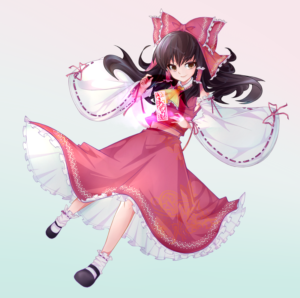 1girl, ascot, black_hair, black_shoes, blue_background, bow, brown_eyes, detached_sleeves