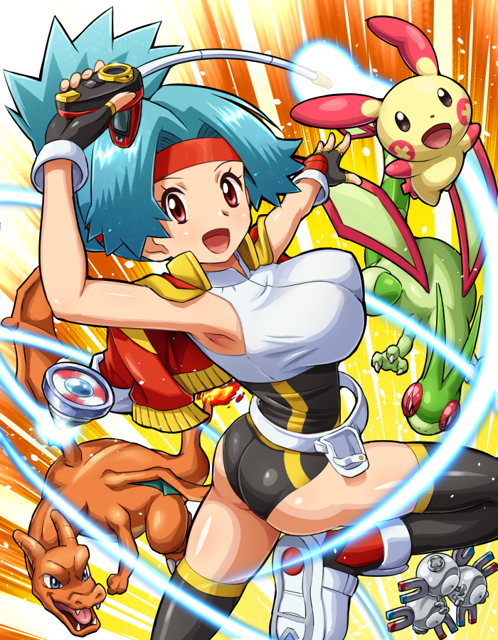 1girl, armpits, ass, belt, blue_hair, breasts, capture_styler, charizard