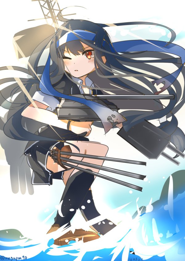 1girl, black_hair, black_legwear, blazer, hair_ornament, hatsushimo_(kantai_collection), headband, jacket
