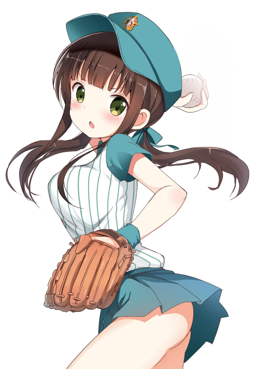 1girl, ball, baseball, baseball_cap, baseball_mitt, baseball_uniform, blush, brown_hair