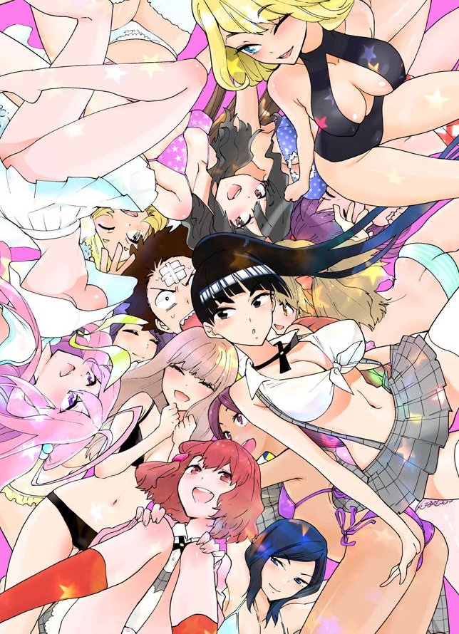 1boy, 6+girls, beppu_yuka, bikini, black_eyes, black_hair, blonde_hair, blue_hair