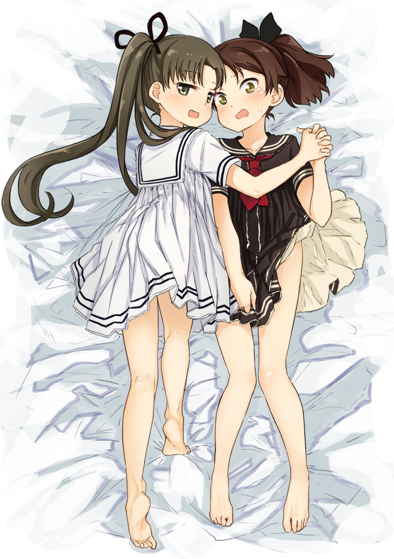 2girls, abe_kanari, alternate_costume, ayanami_(kantai_collection), back, bare_legs, barefoot, black_dress