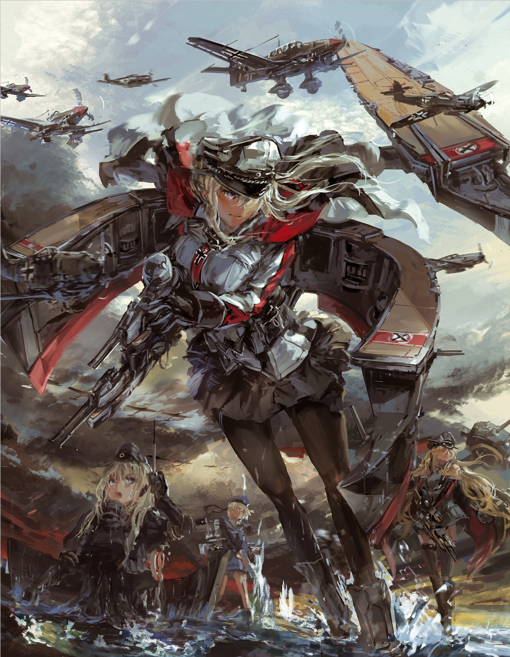 4girls, airplane, bf_109, bismarck_(kantai_collection), blonde_hair, blue_eyes, capelet, dress