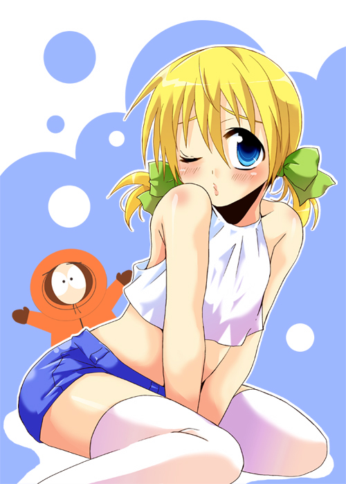 blonde_hair, blue_eyes, blush, bow, butters_stotch, crossdressing, crossdressinging, hair_bow, kenny_mccormick, marjorine, midriff, sakurapanda, shorts, south_park, tank_top, thigh-highs, thighhighs, trap, wink, zettai_ryouiki