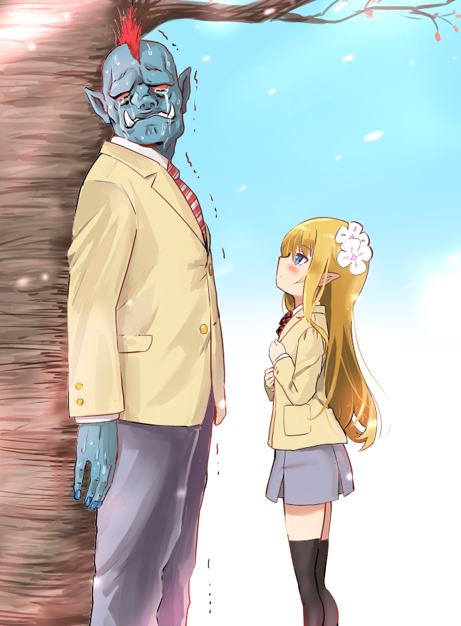 1boy, 1girl, against_tree, black_legwear, blonde_hair, blue_eyes, blue_nails, blue_skin