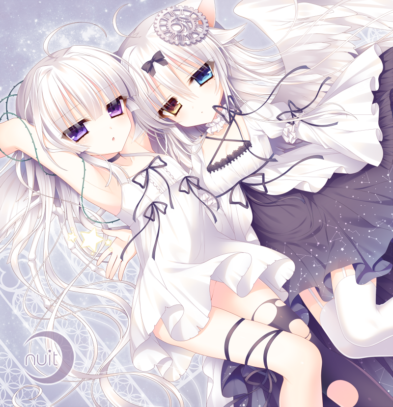 2girls, :o, animal_ears, breasts, cat_ears, cleavage, constellation, crescent, dress, hair_ornament, heterochromia, long_hair, multiple_girls, no_panties, original, rolo_noir, silver_hair, single_thighhigh, starry_sky_print, thigh-highs, tsukikage_nemu, wings