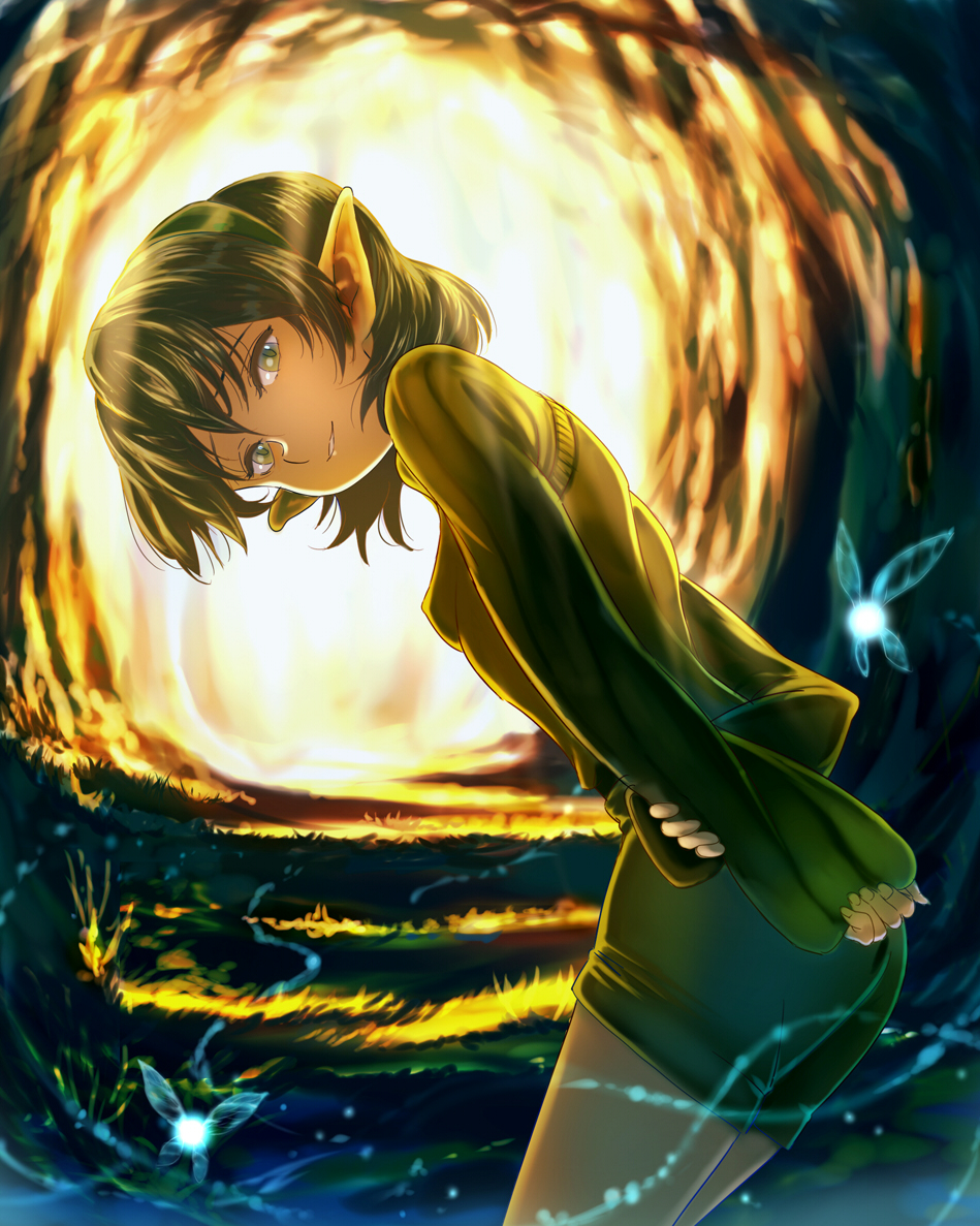 1girl, arm_grab, arms_behind_back, cowboy_shot, dara, fairy, female, forest