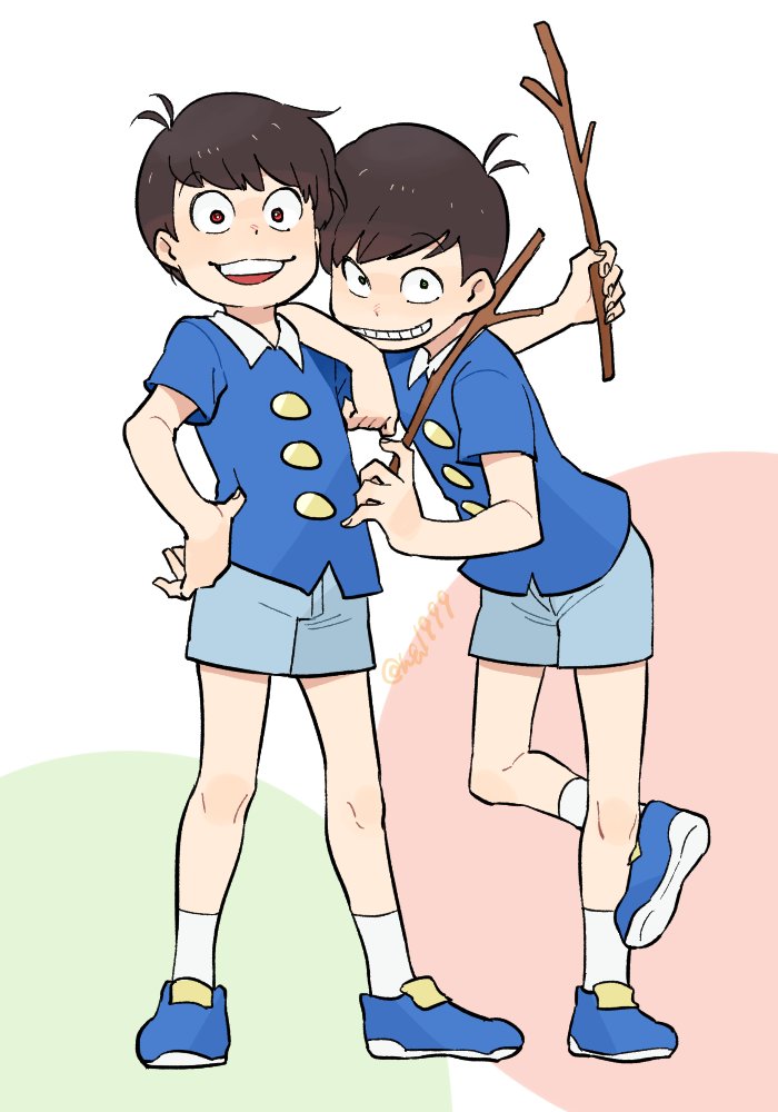2boys, arm_on_shoulder, brothers, brown_hair, child, grin, hand_on_hip, male_focus