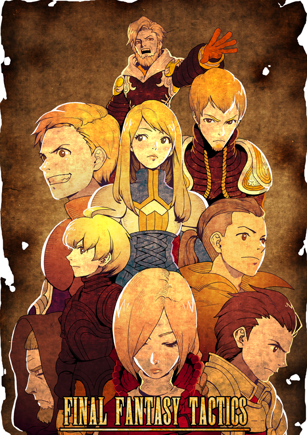 2girls, 6+boys, agrias_oaks, ahoge, argath_thadalfus, beard, blonde_hair, blush
