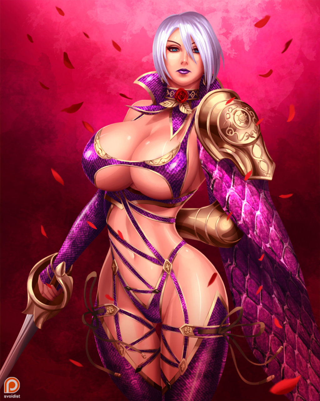 arm_behind_back, bangs, breasts, choker, commentary, crossover, fingerless_gloves, fiora_laurent, garter_straps, gloves, highres, holding, holding_weapon, huge_breasts, isabella_valentine, jewelry, league_of_legends, looking_at_viewer, pauldrons, rapier, revealing_clothes, sideboob, single_gauntlet, soulcalibur, soulcalibur_iv, svoidist, sword, thigh_strap, under_boob, weapon