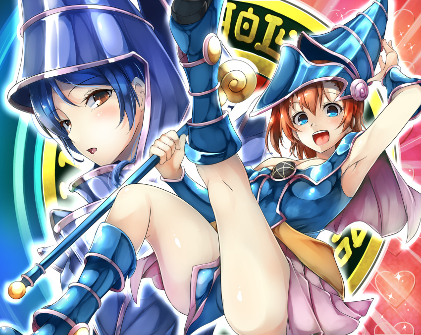 2girls, :d, armpits, black_hair, blue_eyes, brown_eyes, cosplay, dark_magician