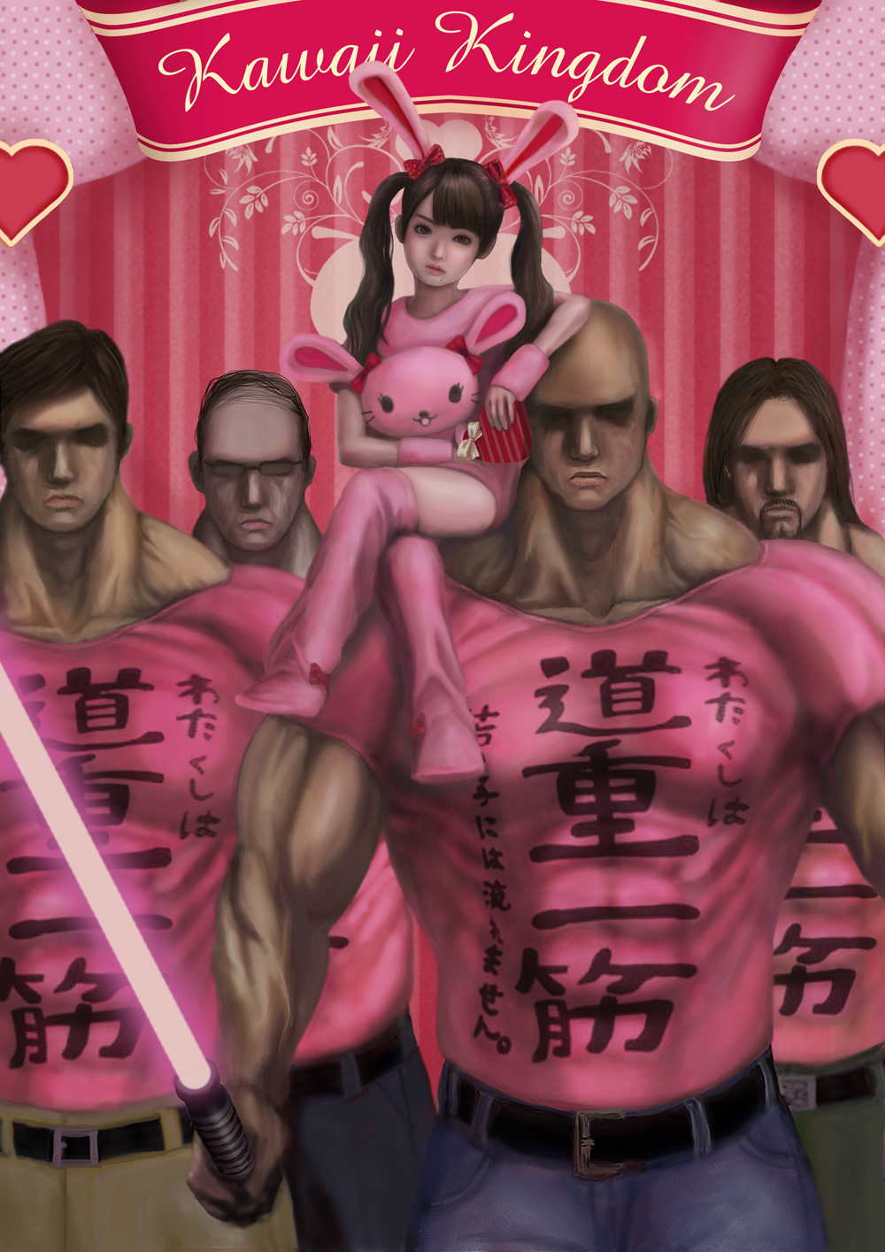 1girl, 4boys, animal_ears, aoyagi_kaworu, bald, balding, beard, belt