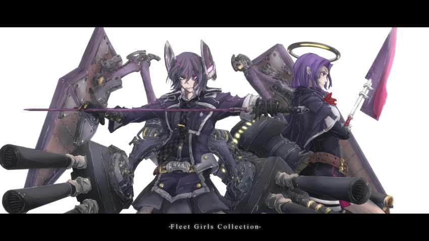 2girls, bangs, black_gloves, black_legwear, black_skirt, cannon, checkered, checkered_necktie