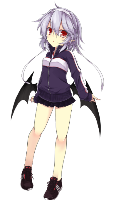 1girl, akisome_hatsuka, bat_wings, hair_ribbon, jersey, lavender_hair, miniskirt, red_eyes