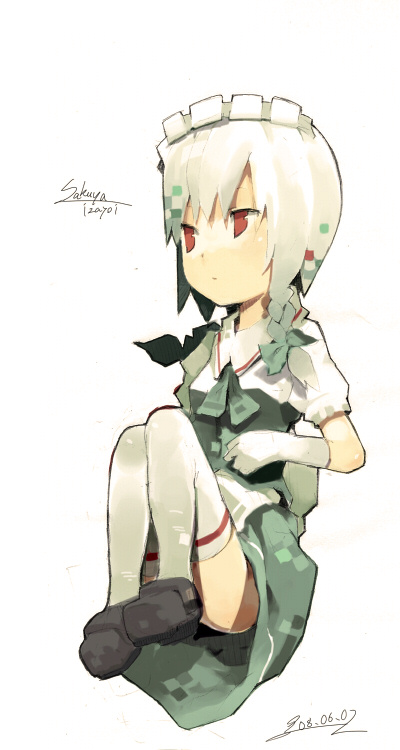 bad_id, braid, gloves, govurin, govurin_(pixiv), hair_ribbon, hairband, izayoi_sakuya, maid_headdress, red_eyes, ribbon, short_hair, silver_hair, single_braid, solo, thigh-highs, thighhighs, touhou