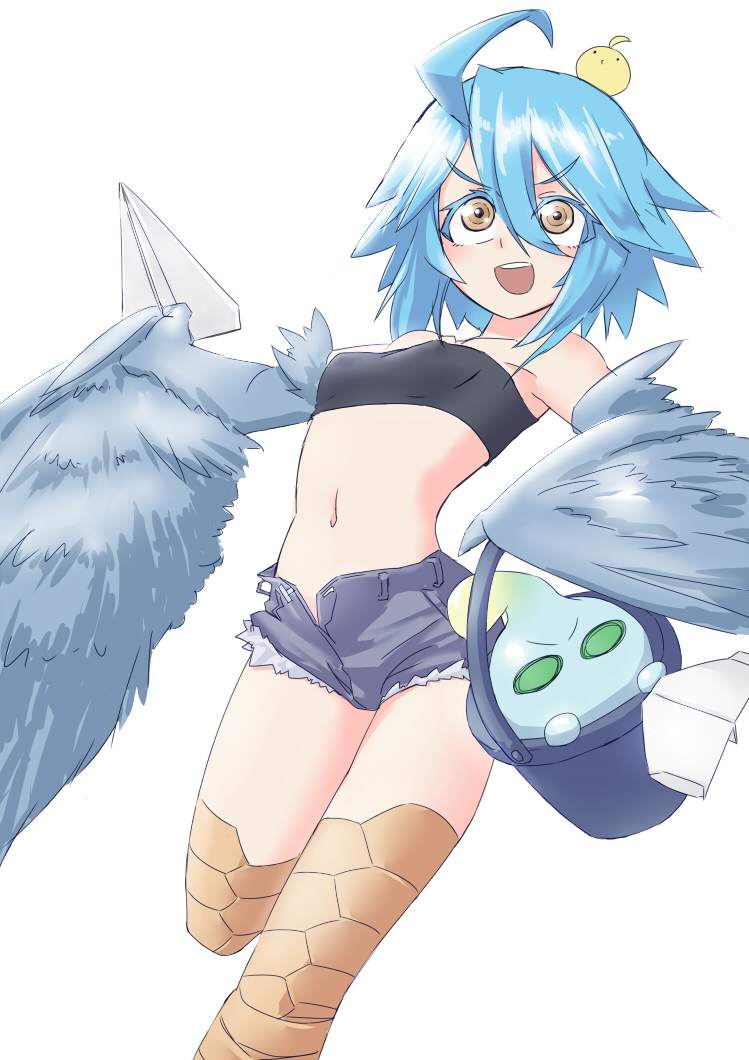 2girls, ahoge, animal, animal_on_head, bandeau, bird, bird_on_head, blue_hair