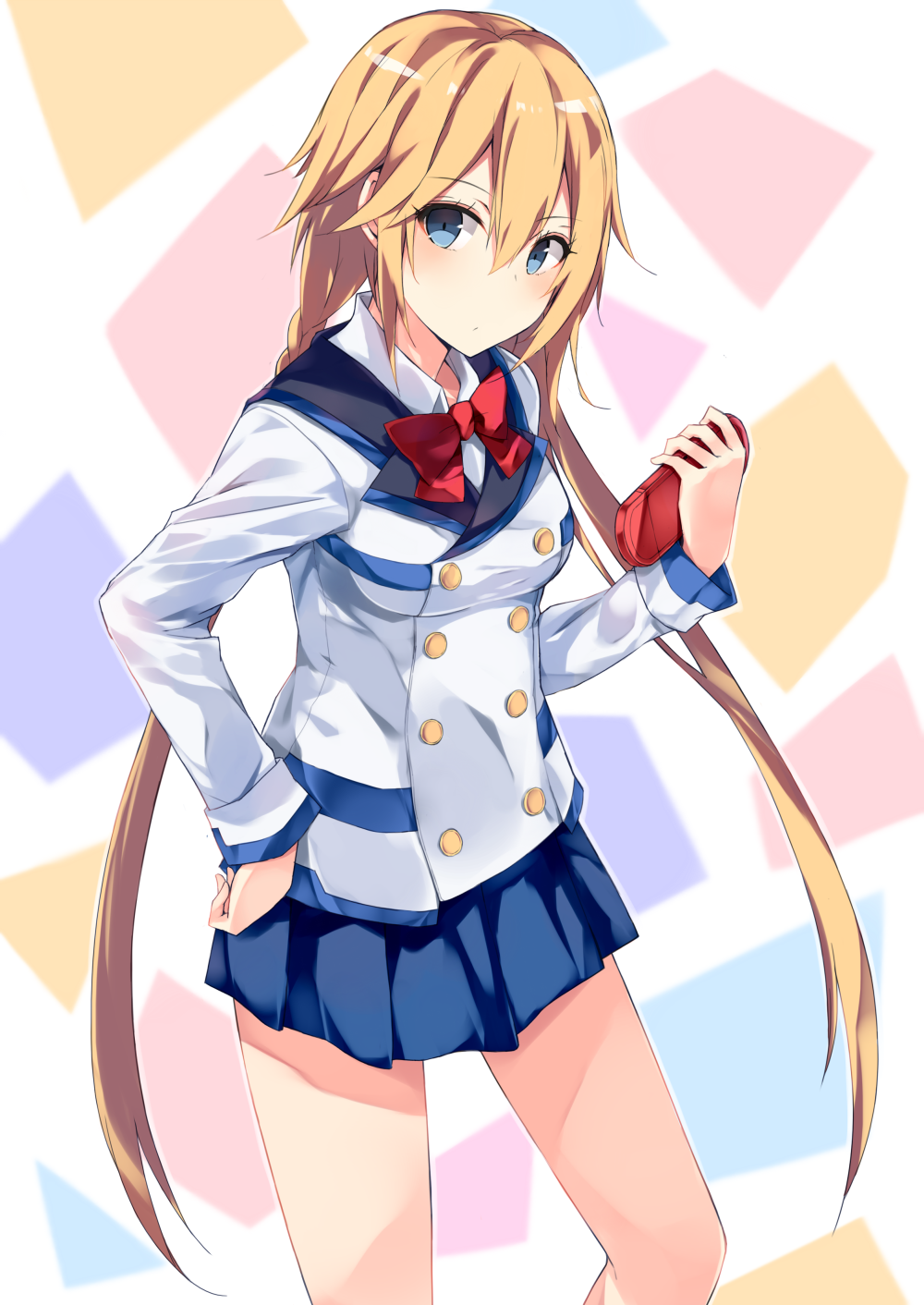 1girl, blonde_hair, blue_eyes, blush, bow, bowtie, breasts, buttons