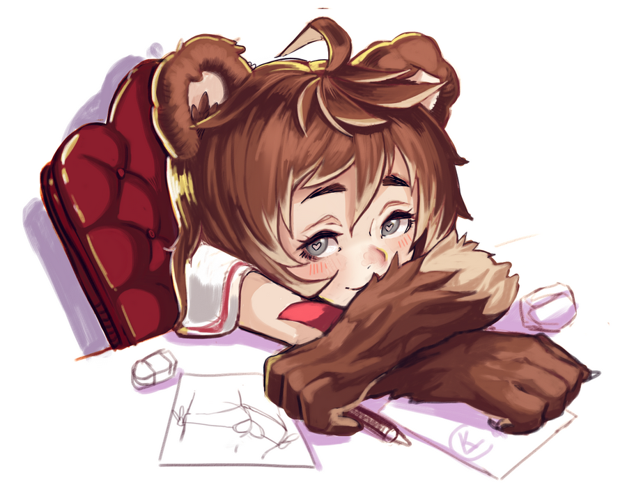 1girl, ahoge, animal_ears, armchair, barb-tan, bear_ears, blush, borrowed_character